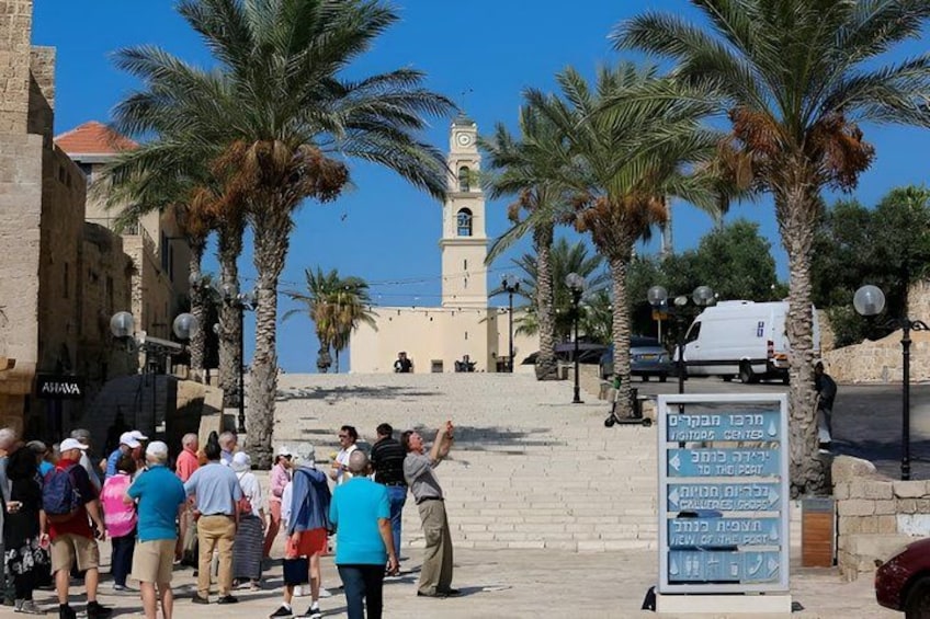 A group of people standing on a street with palm trees and a building with a tower in the background. 3