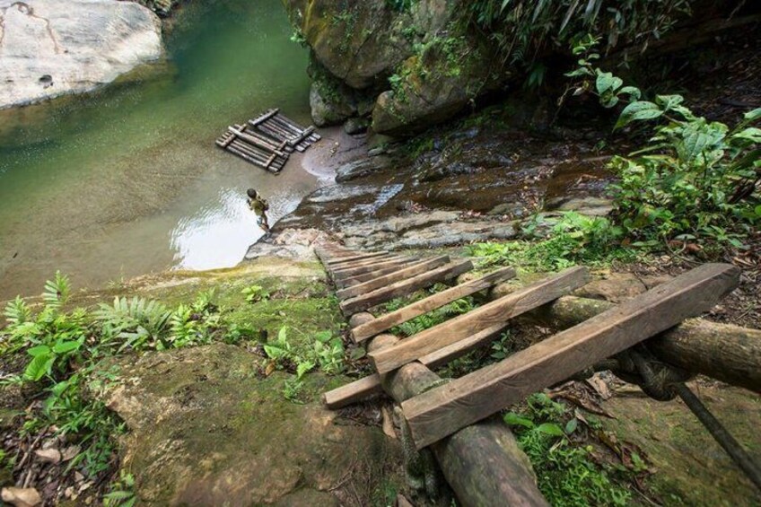 A wooden staircase descending into a clear water body, surrounded by greenery and rocks. 2
