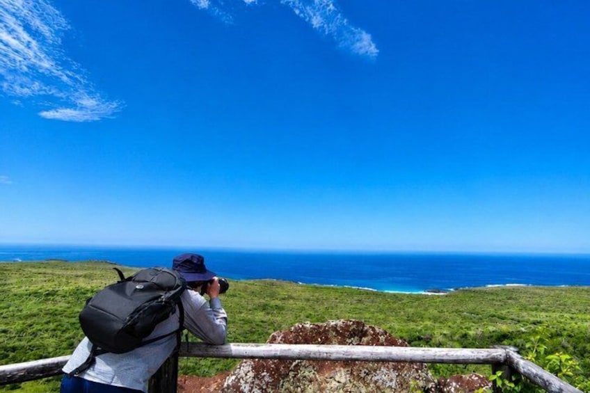 A person taking a photograph of a coastal landscape with a clear blue sky and ocean. 2