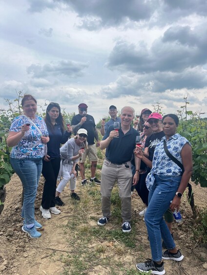 A group of people standing in a vineyard with rows of grapevines. 3