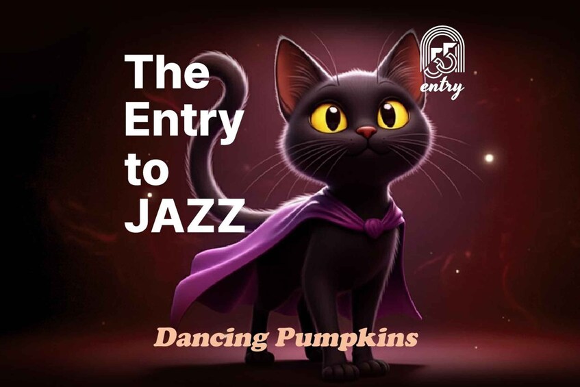 En animeret sort kat med gule øjne og en lilla kappe, der står foran en mørk baggrund med teksten 'The Entry to JAZZ Dancing Pumpkins' og et logo øverst til højre. 1