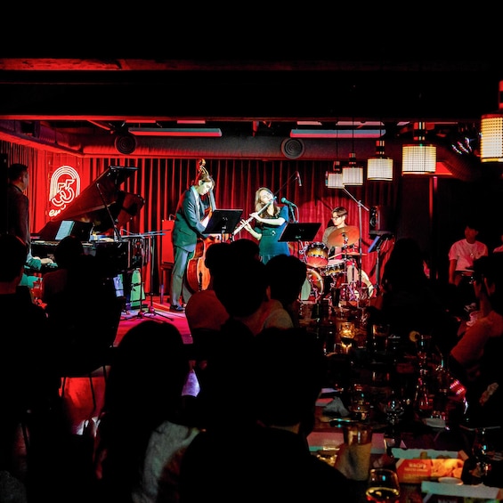 A band performing on stage with a red-lit background and a crowd in the foreground. 2