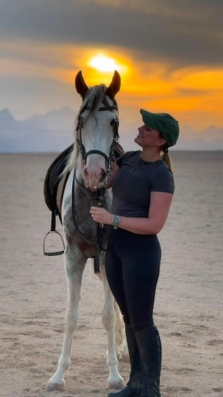 En person i grøn hue og mørkt tøj står ved siden af en hest på en strand med solnedgang i baggrunden. 2