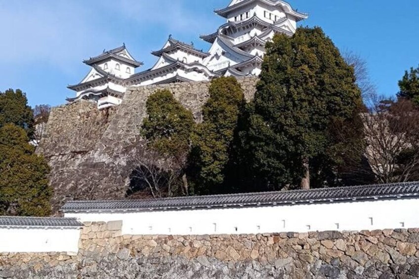 A traditional Japanese castle with multiple white buildings atop a rocky hill, surrounded by trees. 5