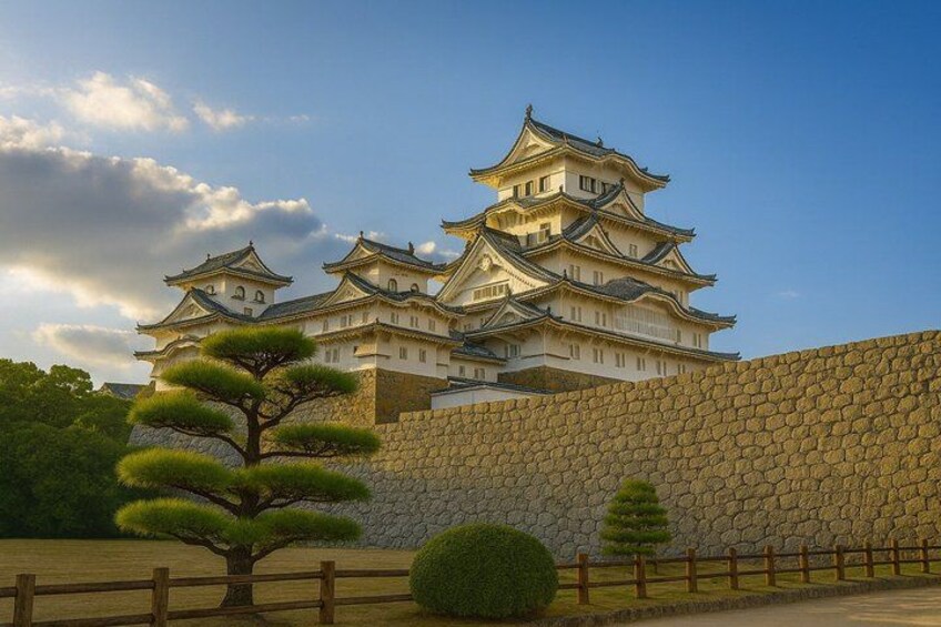 A traditional Japanese castle with multiple tiers and a stone wall in the foreground. 2