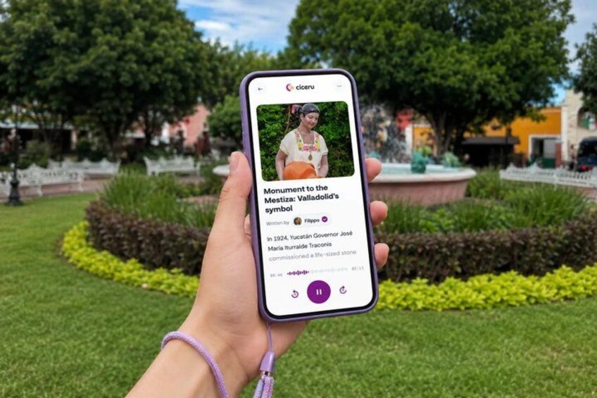 A smartphone displaying information about a monument in a park. 1