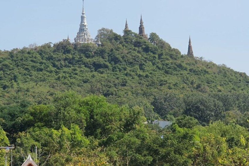A hill with multiple pagodas and lush greenery. 3