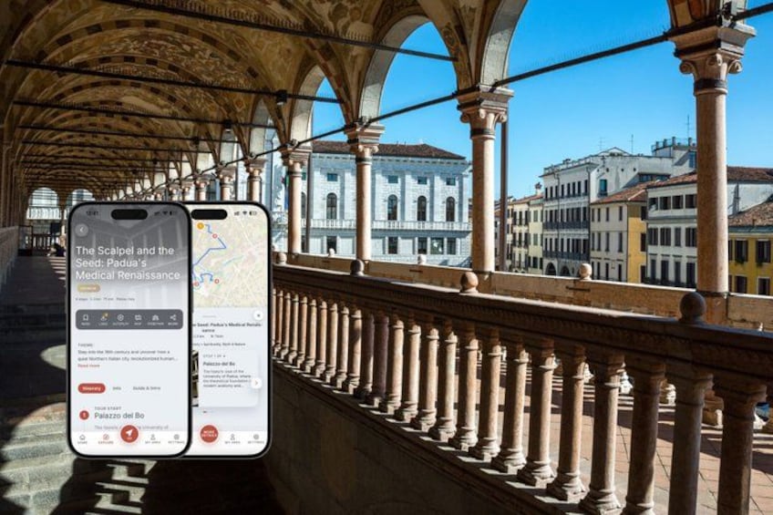 A smartphone displaying a map with a location marker, a historic covered walkway, and classical architecture in the background. 1