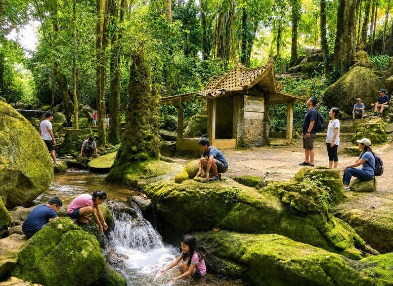 A lush forest with a small waterfall, moss-covered rocks, and a traditional wooden structure. 1