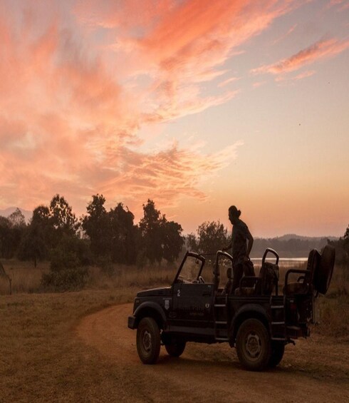 A vehicle on a dirt road with a person standing beside it, a sunset in the background, and trees lining the road. 3