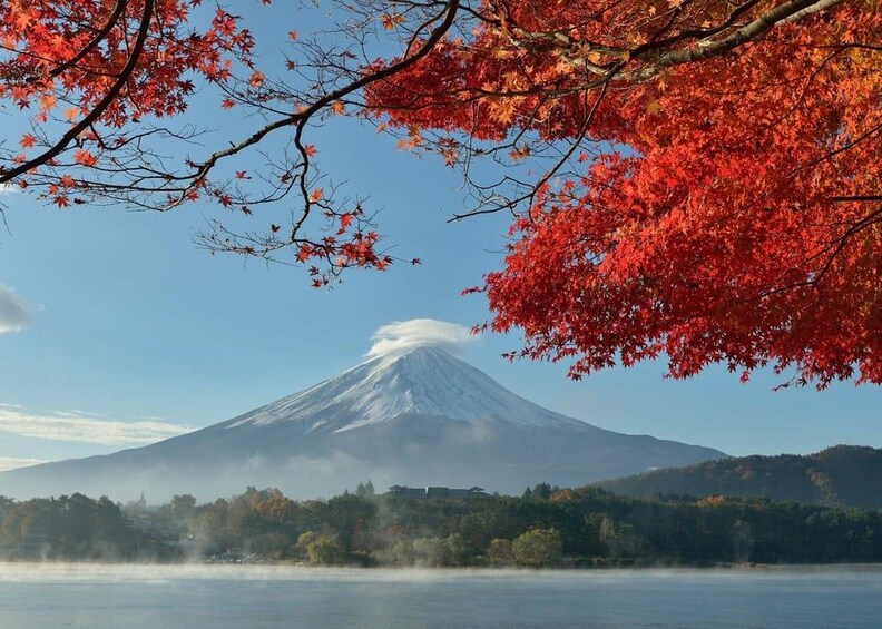 A snow-capped mountain, a lake, and autumn foliage. 1