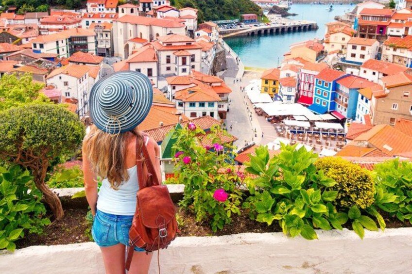 A person overlooking a coastal town with terracotta-roofed buildings, a pier, and lush greenery. 5