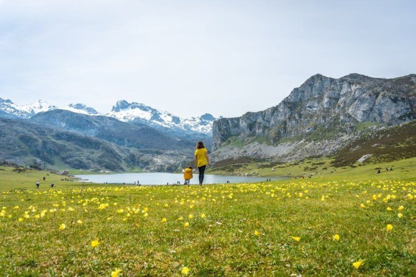 A person in a yellow jacket and a child in a field with yellow flowers, mountains in the background, and a lake. 1