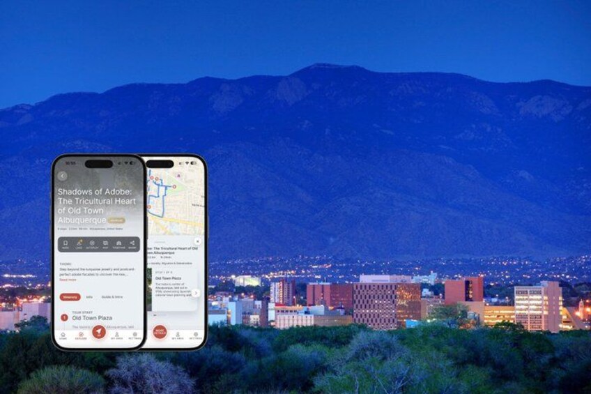 Two smartphones displaying a map with a cityscape and mountains in the background. 1