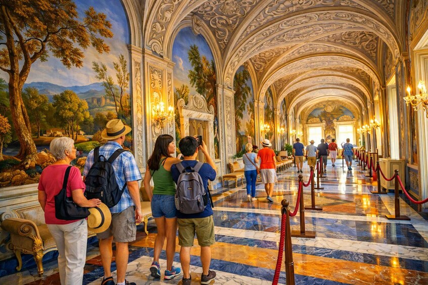 A grand hallway with ornate ceiling and wall decorations, a marble floor, and a group of people observing a mural. 4