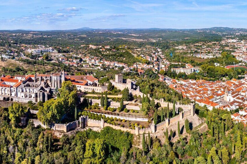 A historic town with a castle, red-roofed buildings, and lush greenery. 4