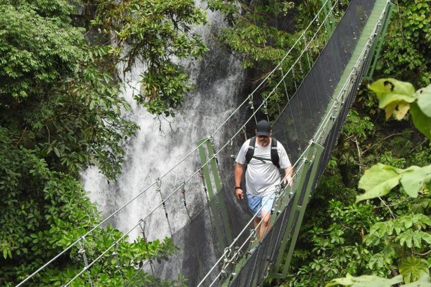 A person walking on a suspension bridge over a waterfall in a forested area. 5