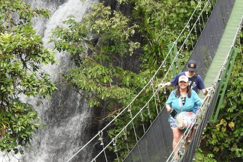 A person on a suspension bridge over a waterfall surrounded by lush greenery. 1