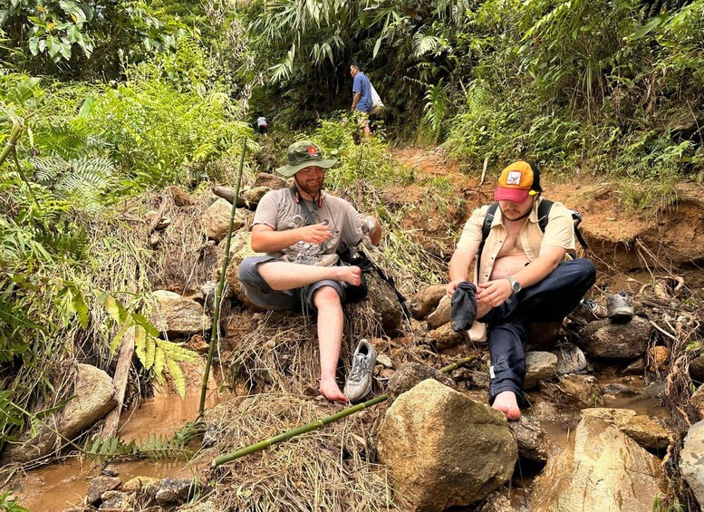 Two people sitting on rocks in a forested area with a stream. 2