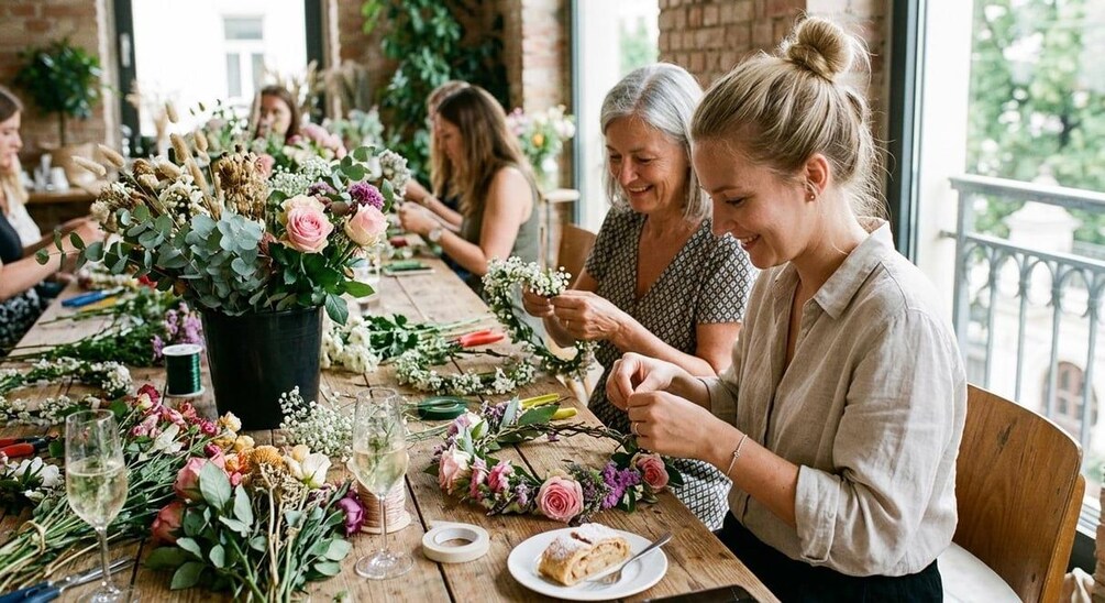 Un grupo de personas sentadas en una mesa adornada con flores y copas de vino. 1