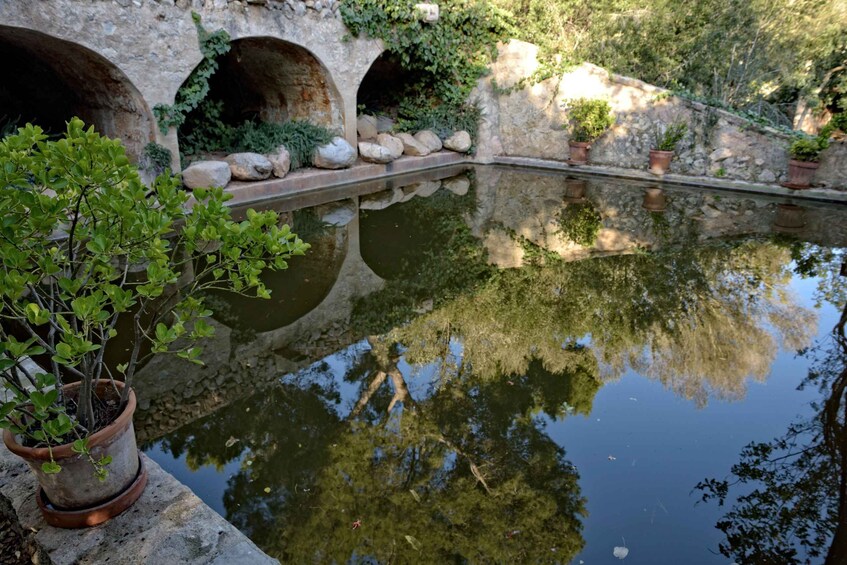 A stone bridge over a reflective water body with potted plants and greenery. 4