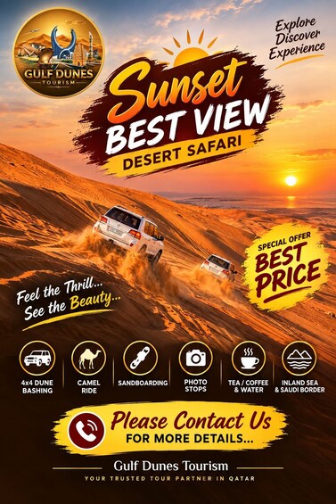 Un safari nel deserto con vista tramonto, un'attività di fuoristrada tra le dune, un giro in cammello, sandboarding, soste fotografiche e tè/caffè. 2