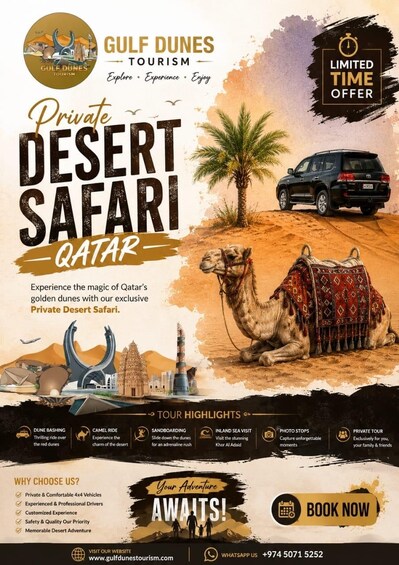 Un annuncio pubblicitario per un safari desertico privato in Qatar, con attività come fuoristrada tra le dune, passeggiate in cammello e sandboarding. 4