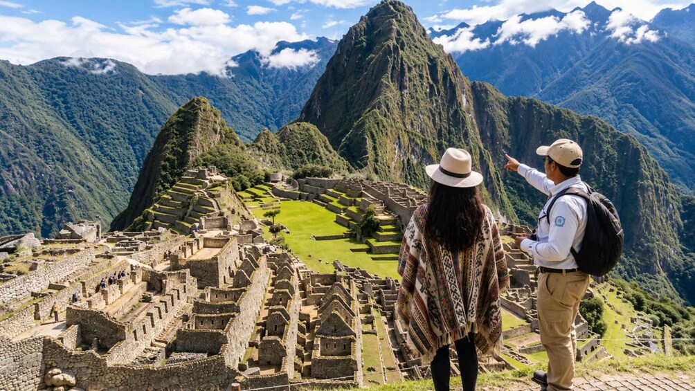 Turisti osoittaa sormellaan kohti muinaisia raunioita Machu Picchussa. 2