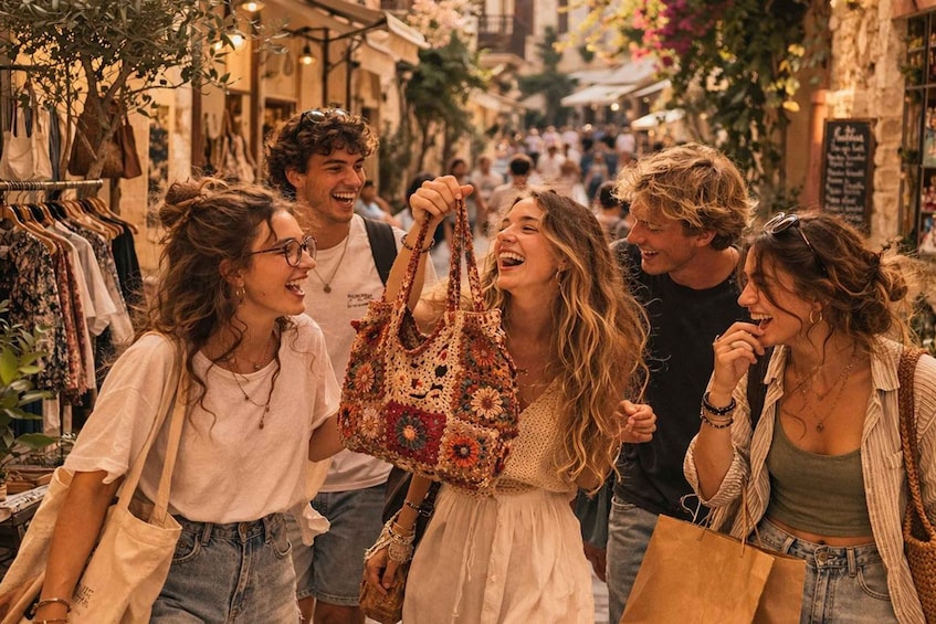 A group of people shopping in a narrow street with shops on either side. 1