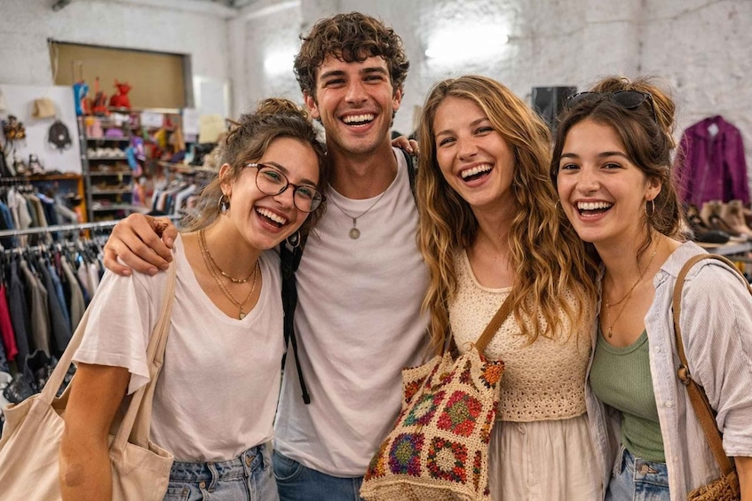 A group of people in a clothing store with racks of clothes and a display of shoes. 3