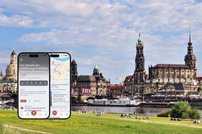 A smartphone displaying a map with a view of a historic cityscape with prominent buildings and a river. 1