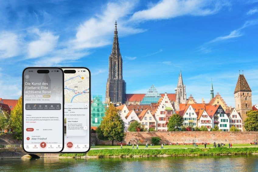A smartphone displaying a travel app with a cityscape in the background. 1