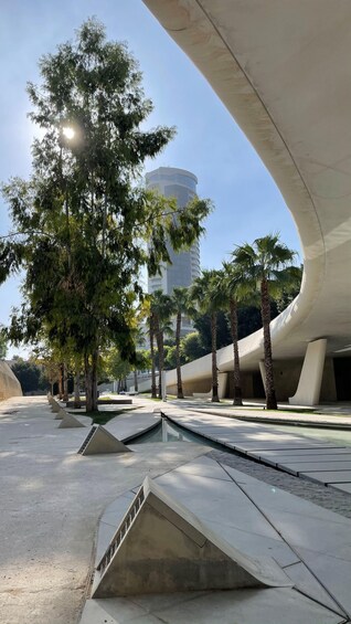 Une structure architecturale moderne dotée d’un toit incurvé, entourée de palmiers et surplombée d’un ciel dégagé. 2