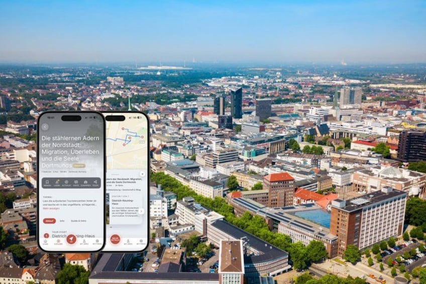 A cityscape with a smartphone displaying a map application. 1