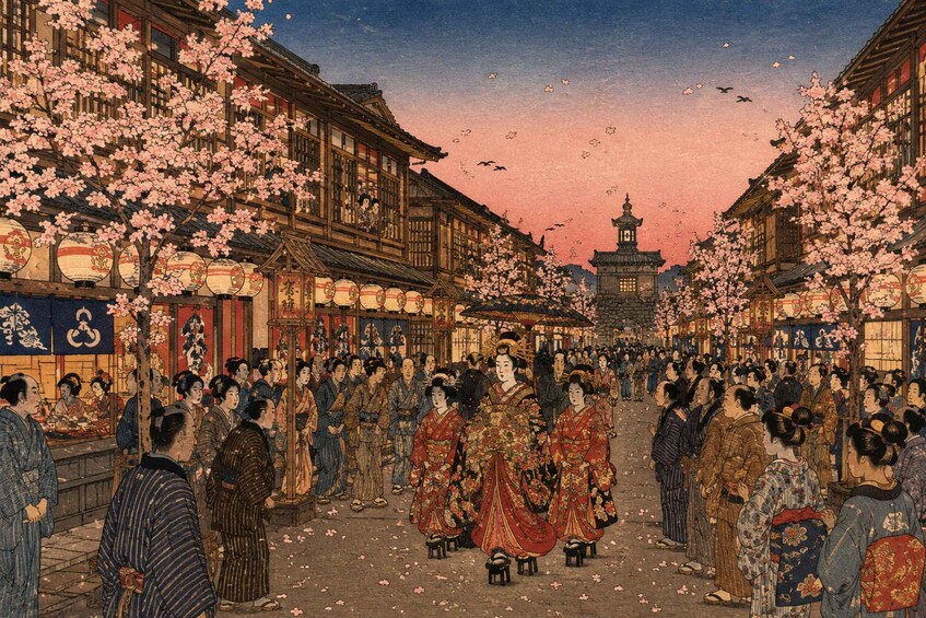 Escena animada de una calle con cerezos en flor, edificios tradicionales y gente vestida con atuendos históricos. 2