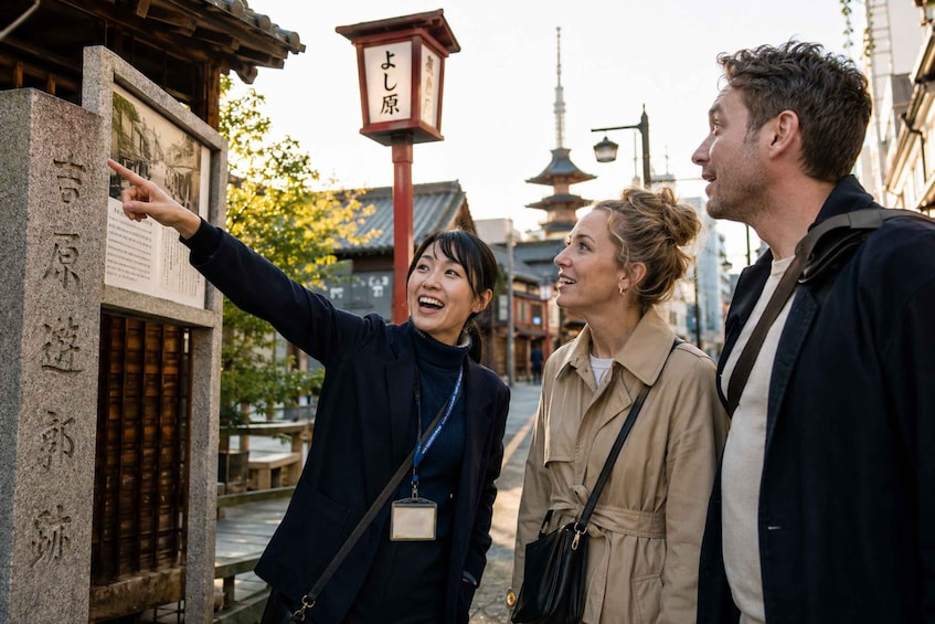 Una persona señala un monumento de piedra con inscripciones, una pagoda y un farolillo japonés tradicional al fondo. 3