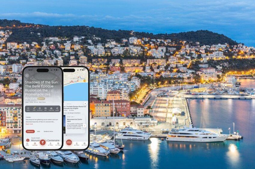 A coastal cityscape with a marina, boats, and a smartphone displaying a news article. 1
