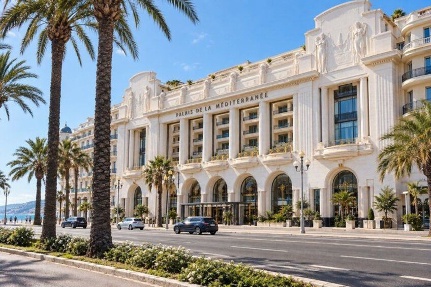 A grand building with arched windows and columns, labeled 'Palais de la Mediterranee.' 3