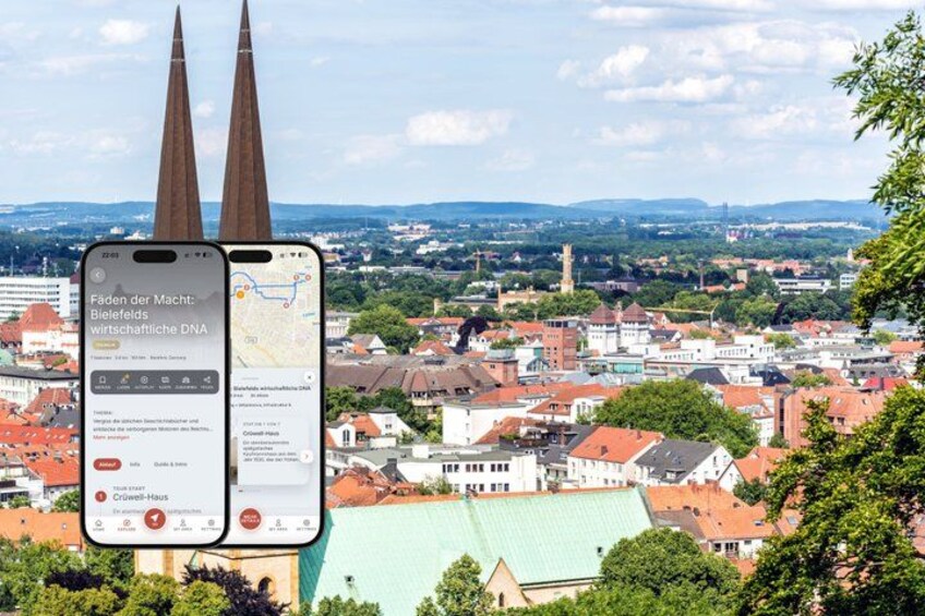A smartphone displaying a map with a cityscape in the background. 1