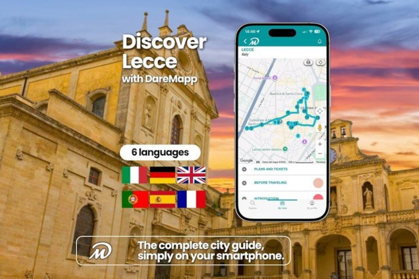 A smartphone displaying a map of Lecce, Italy, with a historic building in the background. 1