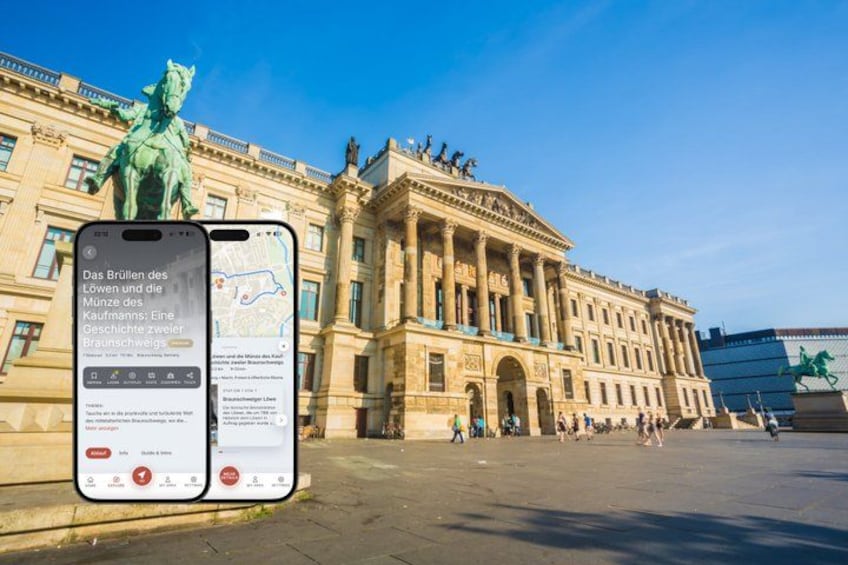A historic building with classical architecture, a statue, and a smartphone displaying a map. 1