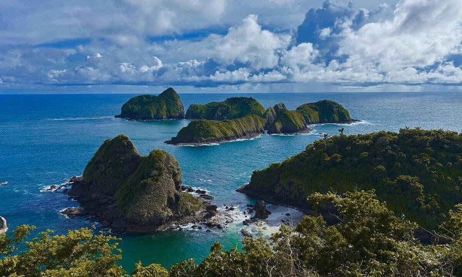 A coastal landscape with several green islands surrounded by turquoise waters. 5