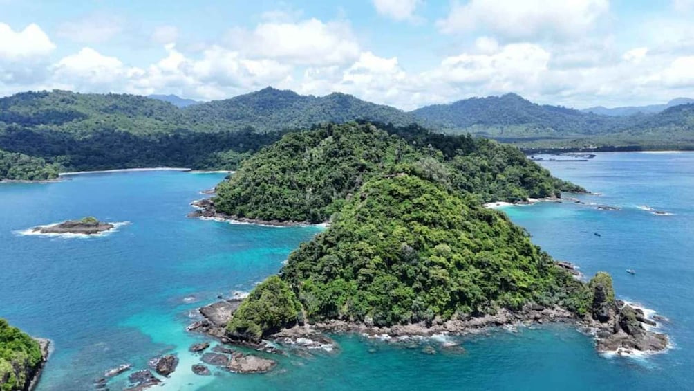 A tropical island with lush greenery and clear blue waters. 3