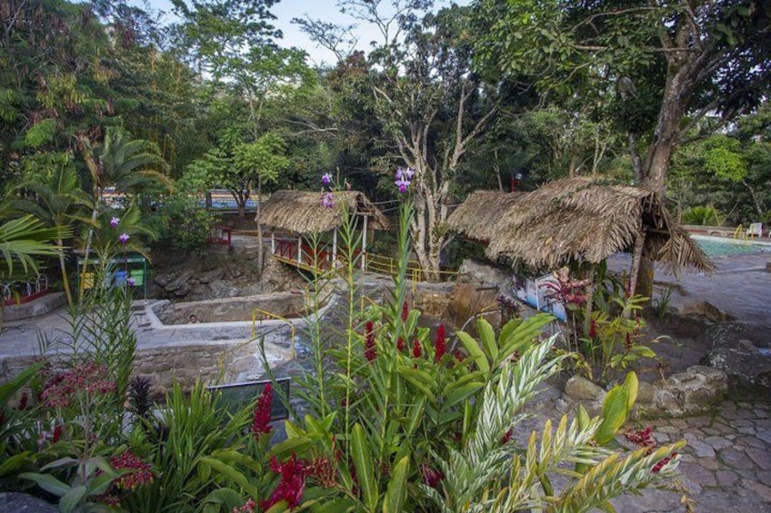 A tropical garden with thatched-roof huts, lush greenery, and a small water feature. 2