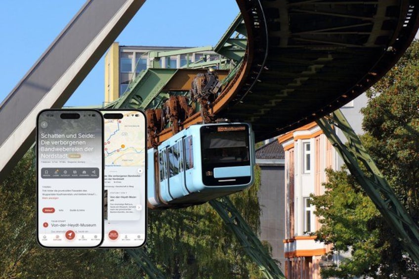 A tram on a bridge with a smartphone displaying a map. 1