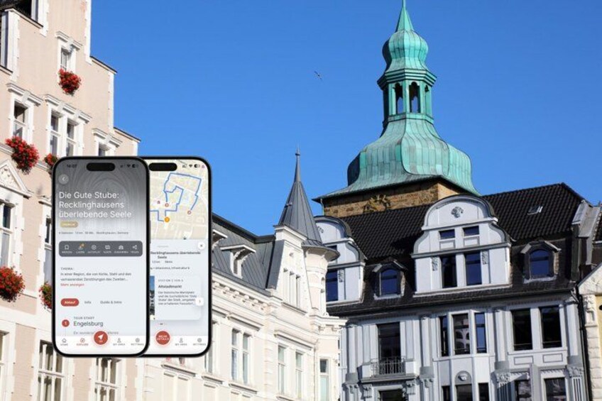 A smartphone displaying a map with a location marker, a building with a green spire, and a clear blue sky. 1