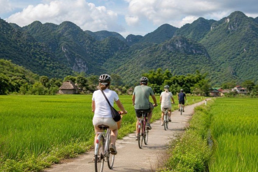 A group of cyclists on a paved path through a green landscape with mountains in the background. 1