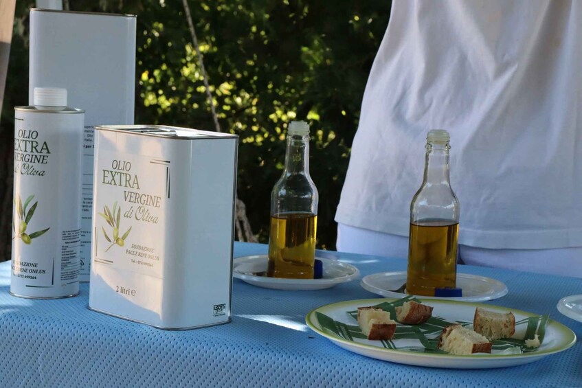 A table with food and drinks, including a bottle of extra virgin olive oil, a glass bottle of olive oil, and a plate of bread. 3
