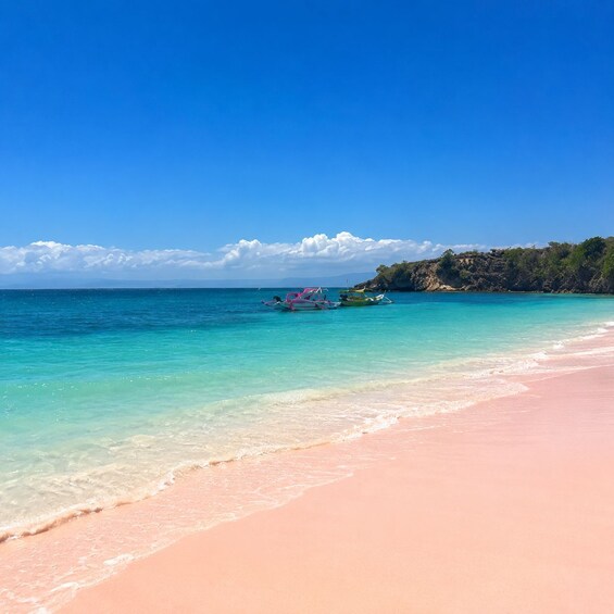 A beach with clear turquoise water, a pink sand shore, and boats anchored near the shore. 4