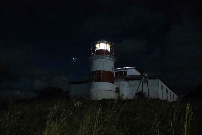 Ein Leuchtturm bei Nacht mit Licht auf der Spitze, umgeben von Gras und einem bewölkten Himmel. 2